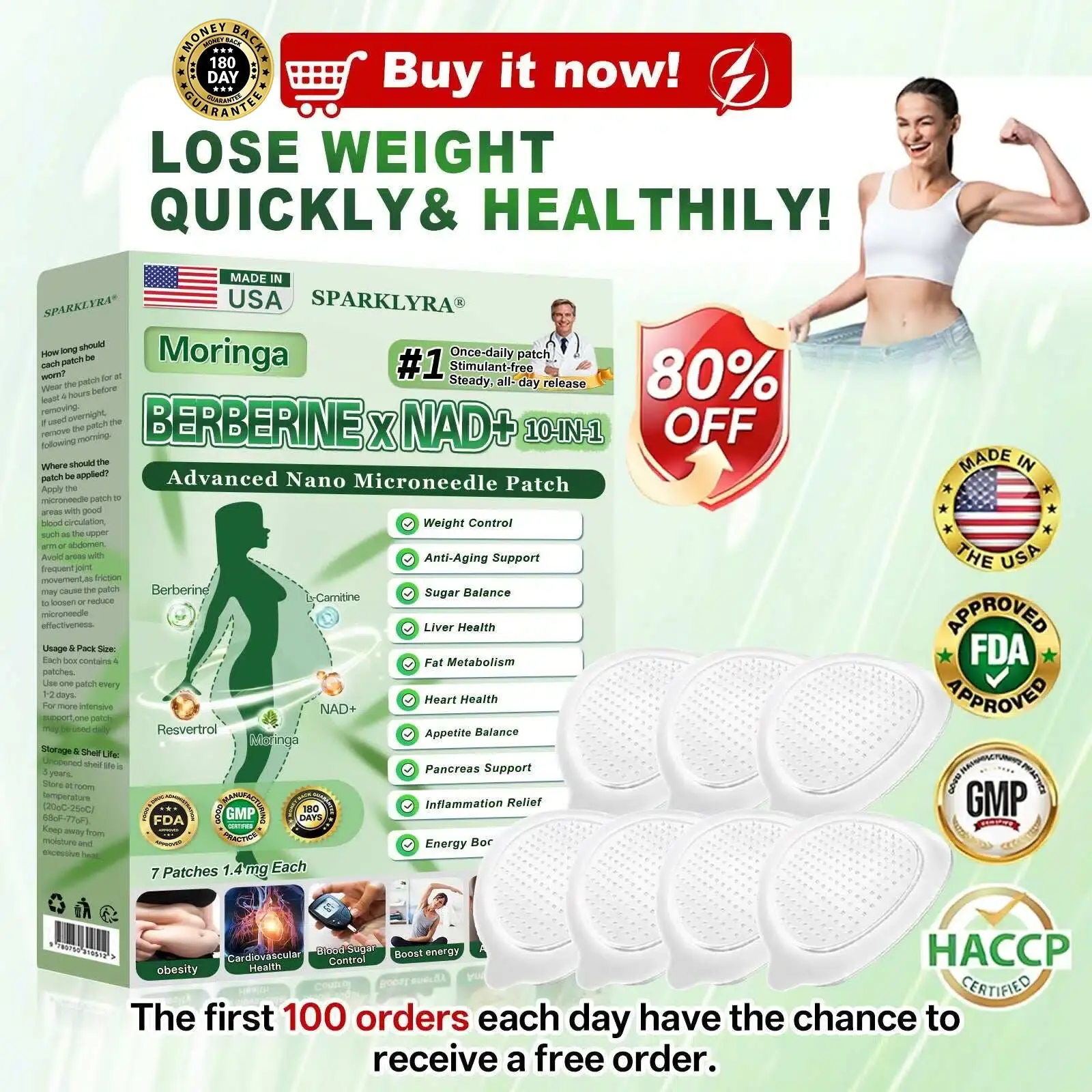 Moringa · Berberina × NAD+ Parche Avanzado Nano Microneedle 10-en-1